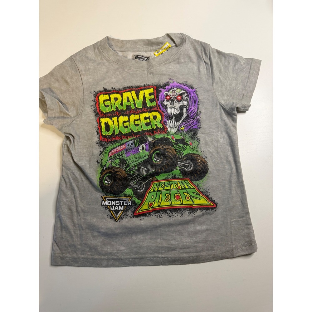 Monster Jam Boys Grave Digger Rest In Pieces Graphic T-Shirt Gray XS NWT